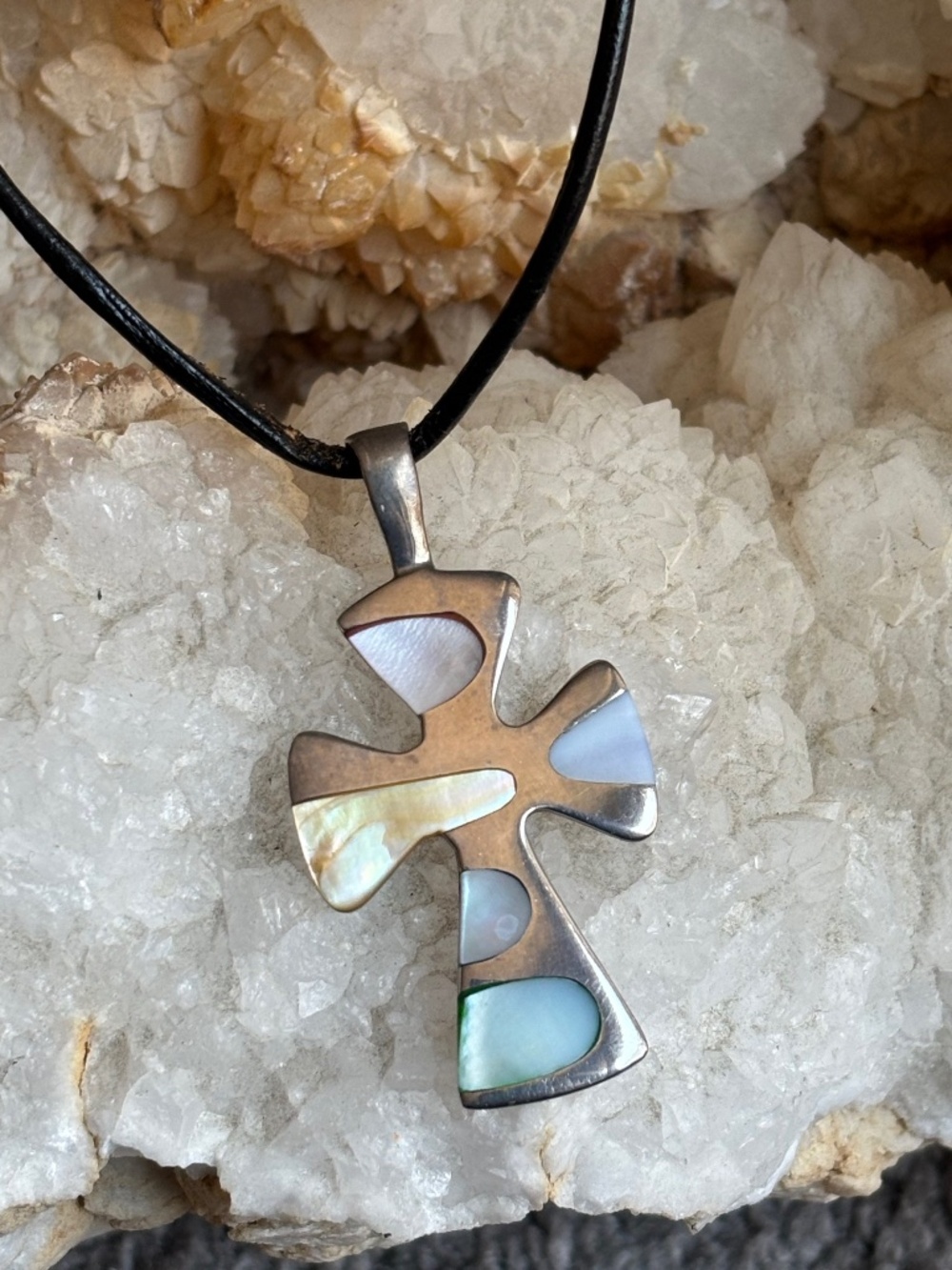 Vintage Sterling Silver Mother-of-Pearl & Abalone Cross Pendant Necklace